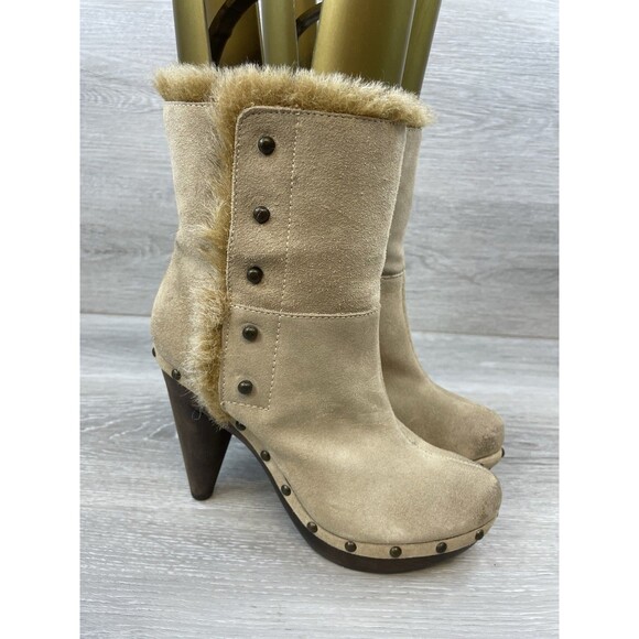 Anthroplogie Seychelles Crypt Taupe Women's Boot Suede Fur Cuff 8.5 Boho Shoes - Picture 1 of 10